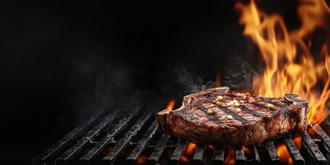 Barbecue Grill Flames and Delicious T-Bone Steak