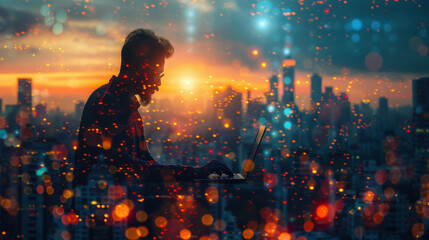 Poster - business finance and investment concept: double exposure of businessman working on laptop with city 