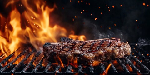 Barbecue Grill Flames and Delicious T-Bone Steak