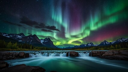 landscape of a waterfall and aurora