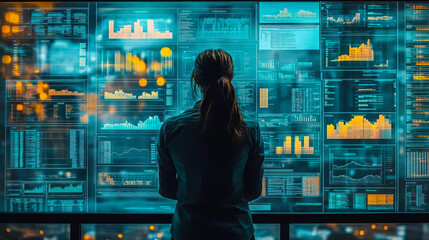 Poster - project manager analyzing data on multiple screens in modern office, nighttime, business strategy, a