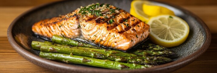 Grilled Salmon with Asparagus and Lemon - A delicious and healthy meal featuring grilled salmon, asparagus, and lemon wedges. This dish is perfect for a light lunch or dinner.