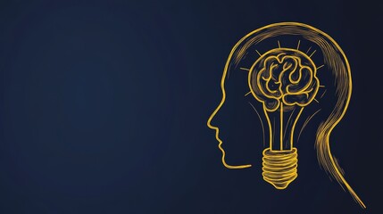 Poster - Human Head with Light Bulb Representing Ideas and Innovation - A hand-drawn illustration depicting a human head with a light bulb for a brain, symbolizing creativity, innovation, problem-solving, and 