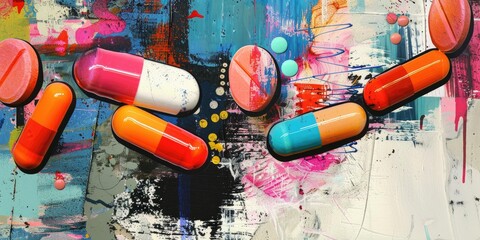 Wall Mural - Abstract artwork with pills and paint splatter.