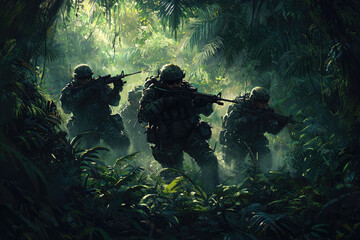 Armed squad navigates dense jungle, focused and alert, ready for action in a challenging wilderness mission with sunlight filtering through trees.