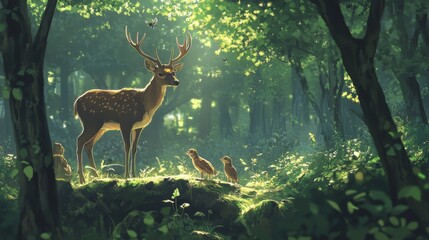 Sticker - Majestic Deer in a Lush Forest - A graceful deer stands tall in a sun-dappled forest, surrounded by vibrant green foliage. Two small birds perched on a log, symbolizing tranquility, nature, family, wi