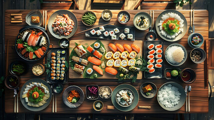 Japanese restaurant dinner table spread in top-down view, array of beautifully plated sushi, sashimi, tempura, surrounded, fresh salads, traditional Japanese food