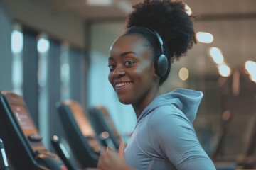 Attractive black woman running on treadmill at the gym. African American sporty woman wearing sportswear and smiling at camera while working out in gym.