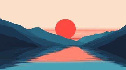 Canvas Print - Serene Mountain Sunset with Reflection - A minimalist landscape with a large red sun setting behind a range of blue mountains, reflecting on the still water below. This image symbolizes tranquility, p