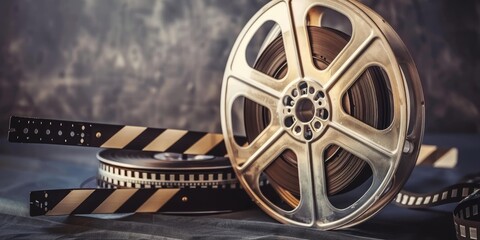 Film reels and clapperboard on dark fabric.