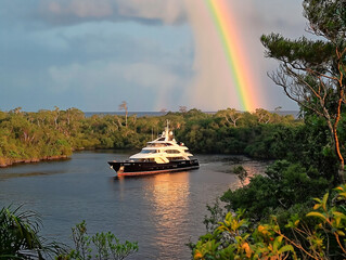 Wall Mural - A rainbow is seen above a boat on a river. The boat is a large yacht. The scene is peaceful and serene, with the boat floating on the calm water