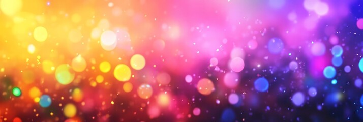 Wall Mural - Abstract Colorful Bokeh Background with Soft Glow and Sparkle - This abstract background features a vibrant blend of yellow, orange, pink, and purple bokeh lights, creating a soft, warm, and celebrato