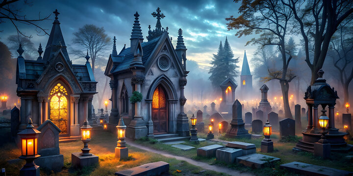 a gothic cemetery at twilight with intricately