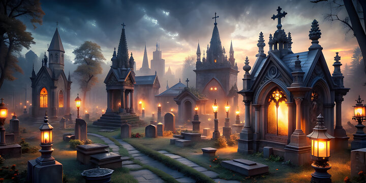 a gothic cemetery at twilight with intricately