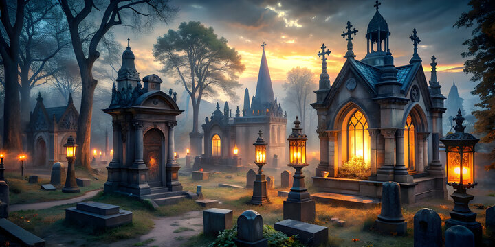 a gothic cemetery at twilight with intricately