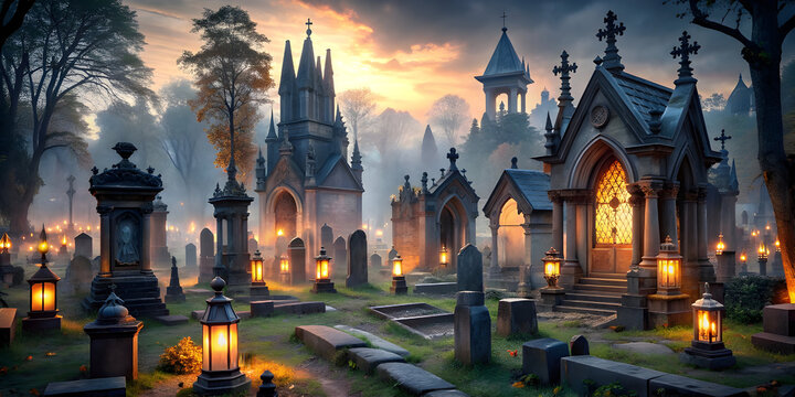 a gothic cemetery at twilight with intricately