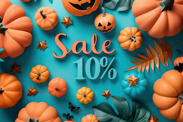 Colorful Halloween promotion featuring pumpkins, autumn leaves, and a 10% sale announcement on a blue background.