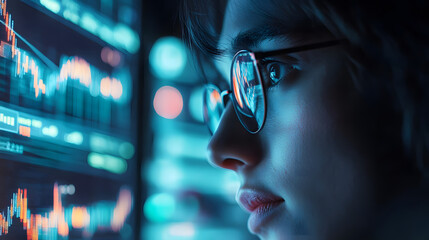 Poster - finance trade manager analyzing stock market indicators for best investment strategy, financial data