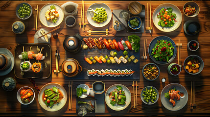 Japanese restaurant dinner table spread in top-down view, array of beautifully plated sushi, sashimi, tempura, surrounded, fresh salads, traditional Japanese food