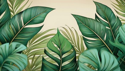 Wall Mural - A digital illustration of green tropical leaves on a light beige background