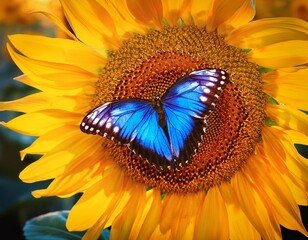 Wall Mural - A blue butterfly rests on the petals of a sunflower