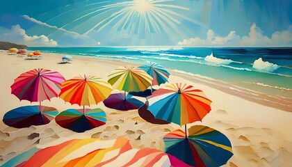 A painting depicting colorful beach umbrellas casting shadows on the sand under a bright sun on a summer day