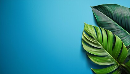 Poster - Lush green tropical leaves contrast against a vibrant blue background, creating a striking and colorful composition