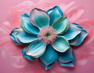 Wall Mural - A vibrant blue flower with pink and green accents painted on a pink background