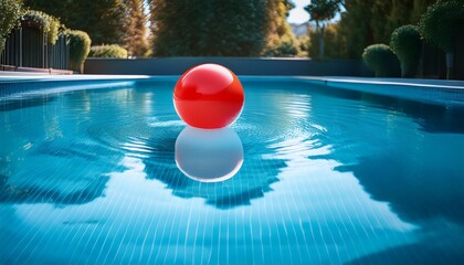 A vibrant red ball floating effortlessly on the surface of a calm blue swimming pool