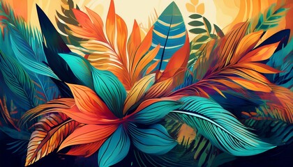 Canvas Print - A digital art piece featuring an abstract portrait with colorful foliage, resembling a tropical paradise