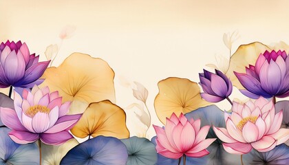 Wall Mural - A watercolor illustration of pink and purple lotus flowers with yellow leaves on a cream background