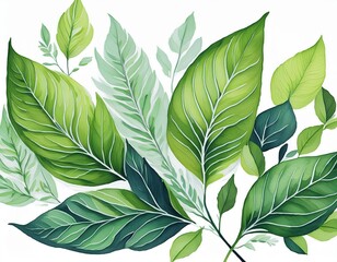 Wall Mural - Watercolor painting showcasing detailed green leaves against a clean white background