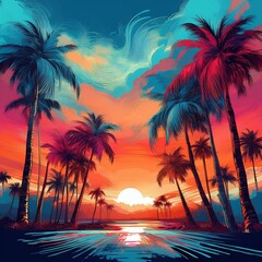 Wall Mural - A painting of palm trees against a sunset sky, created with Generative Ai Technology