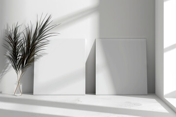 Sticker -  Elegant minimalist home decor featuring white frames and a potted plant on a sunlit window sill.