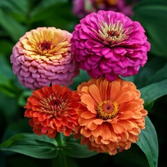 Wall Mural - A close-up image of four brightly colored zinnias in a summer garden, showcasing their delicate petals and contrasting hues