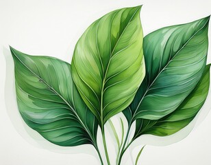 Wall Mural - A painting featuring vibrant green leaves against a clean white backdrop, showcasing a simple and elegant composition.