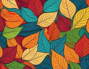 Sticker - A vibrant pattern of autumn leaves in various colors, including red, yellow, green, and blue, with white veins