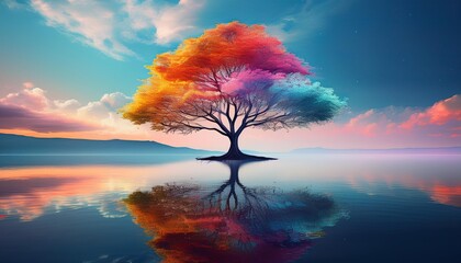 Wall Mural - A colorful abstract tree stands on the edge of a tranquil body of water, its reflection rippling on the surface