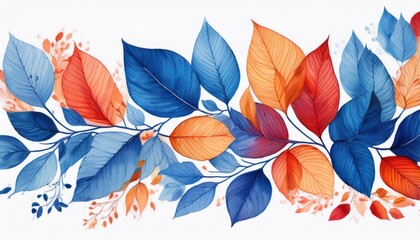 Wall Mural - Watercolor painting of blue, orange, and red leaves on a white background