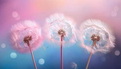 Wall Mural - Three dandelion seeds with delicate, pink feathers are backlit against a soft, pastel pink and blue background