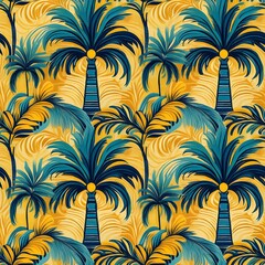 Poster - A wallpaper featuring a pattern of blue and yellow colors with palm trees as the main motif. The design adds a tropical touch to the space.