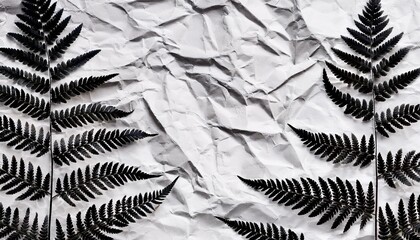 Wall Mural - A close-up image of black fern leaf silhouettes on a white crumpled paper background