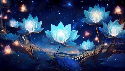 Poster - A digital illustration of blue lotus flowers blooming under a starry night sky