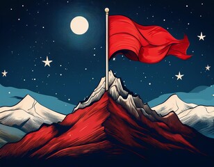 Wall Mural - An illustration of a red flag waving atop a mountain peak at night, with a starry sky in the background