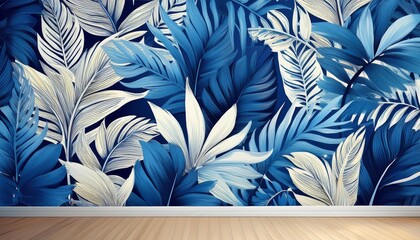 Sticker - Blue and white wallpaper featuring lively tropical leaves in a repeating pattern, creating a vibrant and fresh atmosphere in the room.