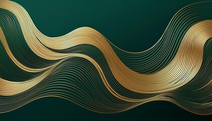 Wall Mural - Abstract art featuring a gold line art wave pattern over a dark green background