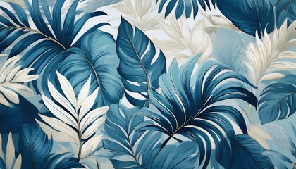 Poster - Blue and white wallpaper featuring lively tropical leaves in a repeating pattern, creating a vibrant and fresh atmosphere in the room.