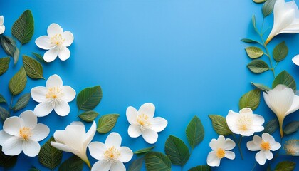 Canvas Print - A blue background with white flowers and leaves