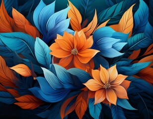 Poster - A vibrant wallpaper featuring a combination of blue and orange flowers with lush leaves.