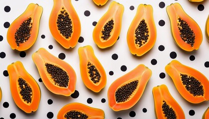 Poster - A colorful pattern of yellow papaya fruit on a white background with black polka dots